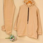 ست بغل زیپ توکرکی مشکی و کرم ساده هودی شلوار بوتیک پاپلی